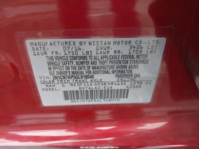 3N1CN7AP5GL918040 Nissan Versa