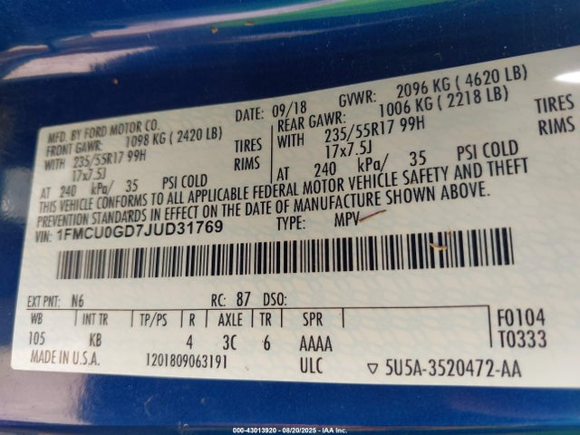 1FMCU0GD7JUD31769 Ford 1.5l gtdi sigma w/premium fuel
