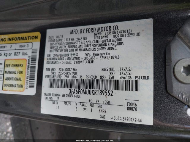 3FA6P0MU0KR189552 Ford 2019