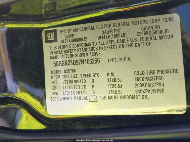 2007 HUMMER H2 SUV 5GRGN23U97H106256 Photo 8