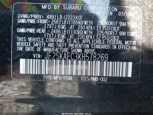 Subaru naturally aspirated u5 2019 JF2SKAEC3KH578269 Image 9