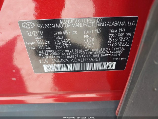 5NMS2CADXLH255801 Hyundai gdi theta ii