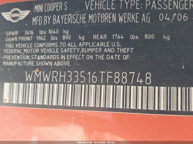 2006 MINI COOPER S WMWRH33516TF88748 Photo 8