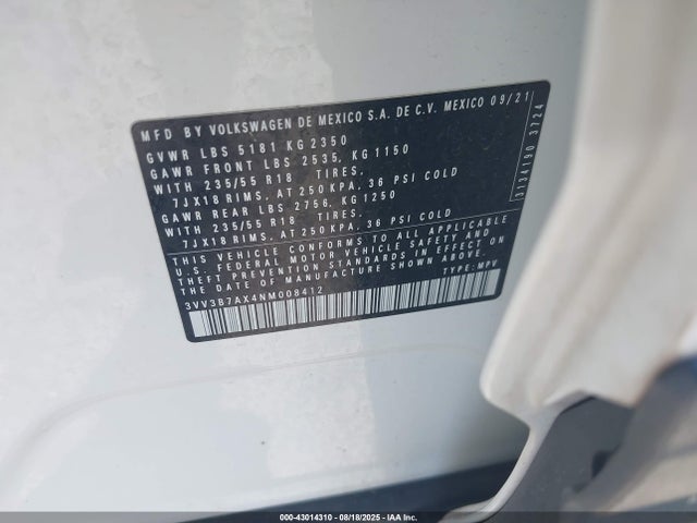 3VV3B7AX4NM008412 Volkswagen Tiguan