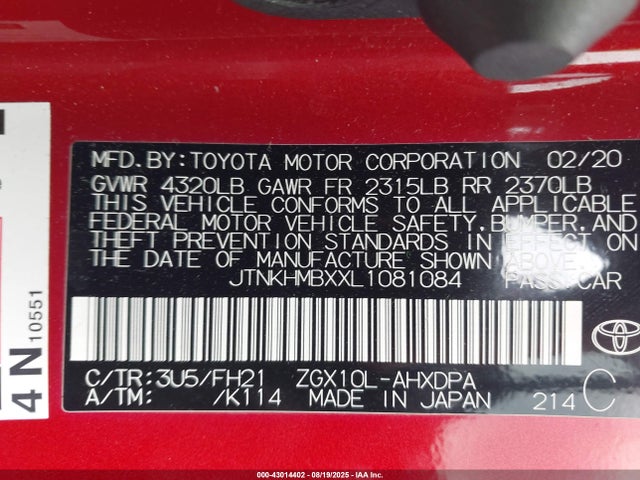 JTNKHMBXXL1081084 Toyota 3zr-fae