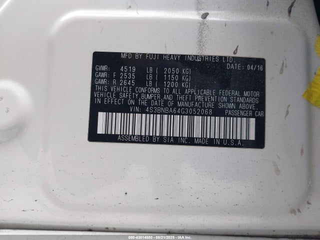 Subaru 2.5l u6 2016 4S3BNBA64G3052068 Image 9