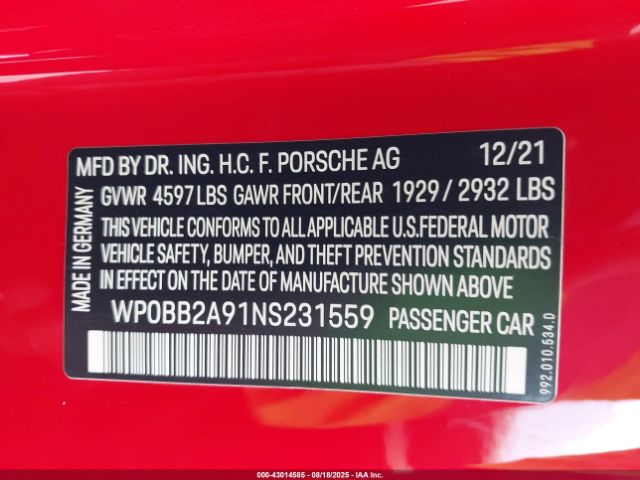 2022 PORSCHE 911 WP0BB2A91NS231559 Photo 8