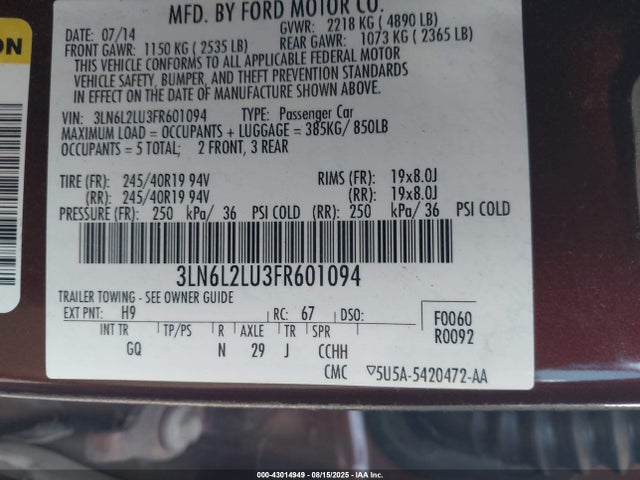 3LN6L2LU3FR601094 Lincoln 2015