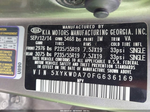 5XYKWDA70FG636169 KIA gasoline 3.3 v6 gdi lambda ii