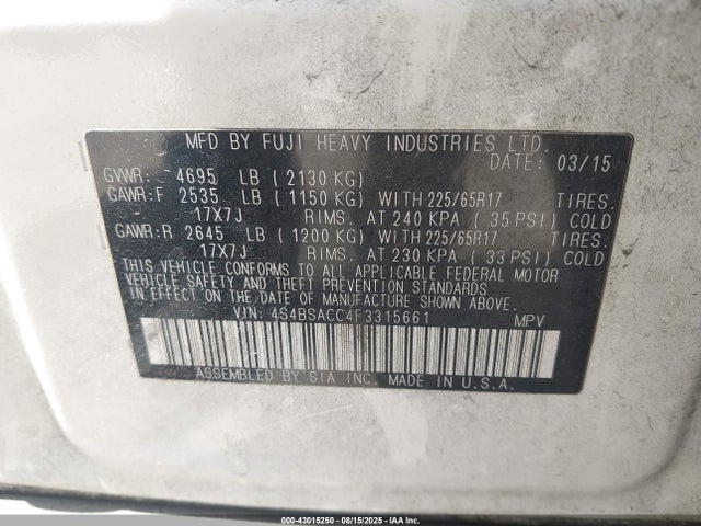 Subaru 2.5l u5 2015 4S4BSACC4F3315661 Image 9