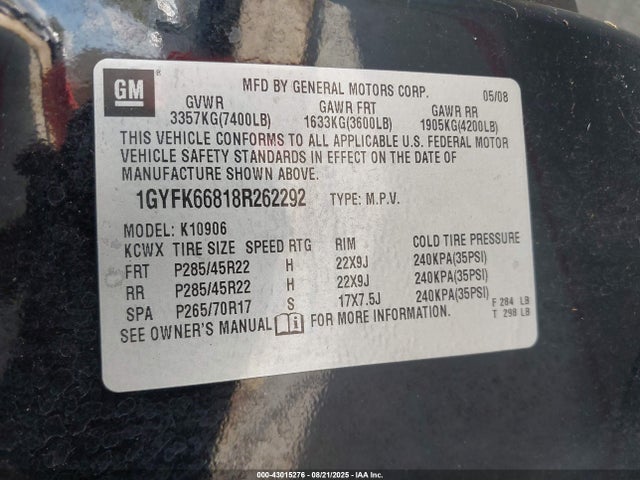 2008 CADILLAC ESCALADE ESV 1GYFK66818R262292 Photo 8