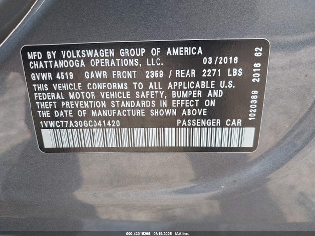 1VWCT7A30GC041420 Volkswagen 2016