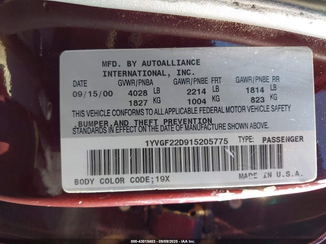 43015403 :رقم المزاد ، 1YVGF22D915205775 vin ، 2001 Mazda 626 Es V6/lx V6 مزاد بيع