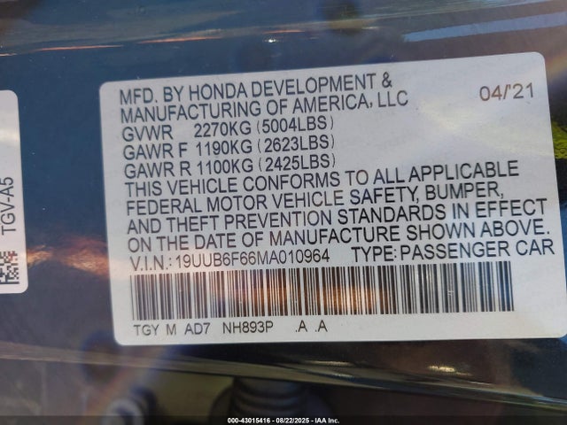 2021 Acura Tlx Advance Package მანქანა იყიდება აუქციონზე, vin: 19UUB6F66MA010964, აუქციონის ნომერი: 43015416
