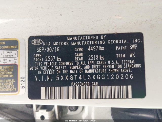 5XXGT4L3XGG120206 KIA t-gdi theta ii