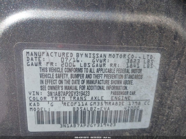 3N1AB7AP2GY319423 Nissan Sentra