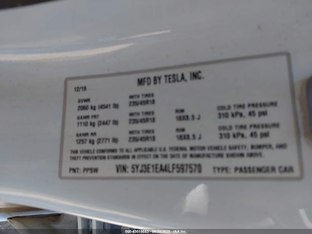 2020 TESLA MODEL 3 5YJ3E1EA4LF597570 Photo 8