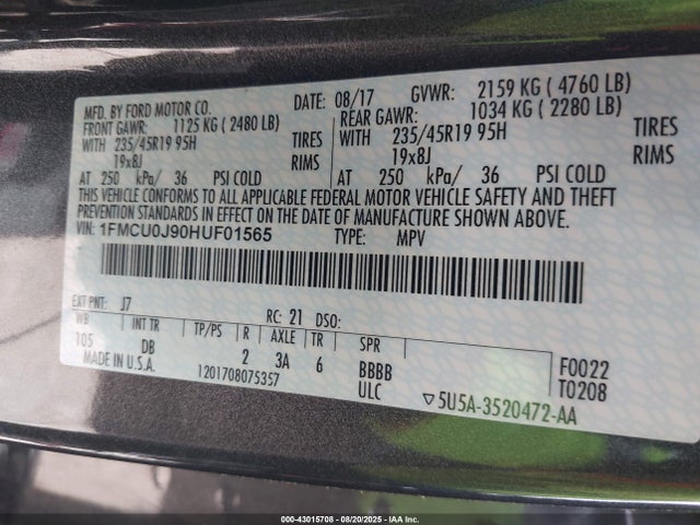 Ford 2017 2017 1FMCU0J90HUF01565 Image 9