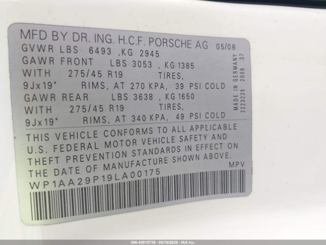 2009 PORSCHE CAYENNE WP1AA29P19LA00175 Photo 8