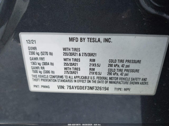 2022 TESLA MODEL Y 7SAYGDEF3NF326194 Photo 8
