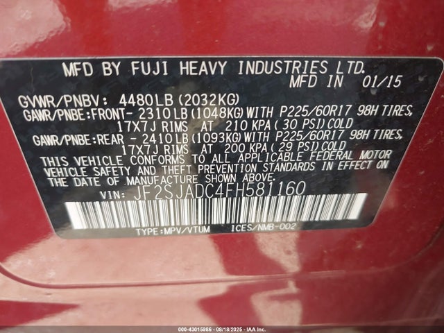 Subaru 2.5na u5 2015 JF2SJADC4FH581160 Image 9