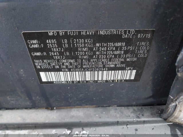 Subaru 2.5l u5 2015 4S4BSAJC4F3362949 Image 9