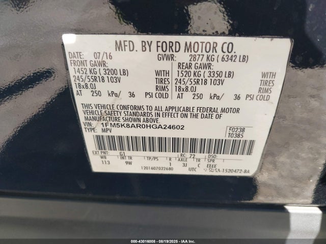 1FM5K8AR0HGA24602 Ford 3.7l ti-vct