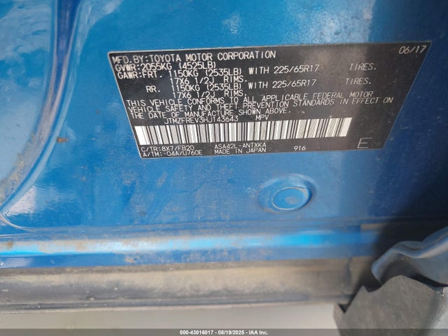JTMZFREV3HJ143643 Toyota 2ar-fe