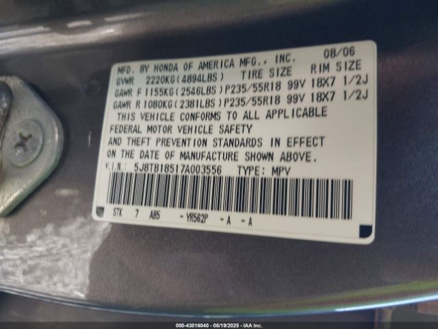2007 ACURA RDX 5J8TB18517A003556 Photo 8
