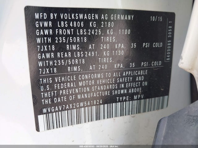 WVGAV7AX2GW541824 Volkswagen 2.0t