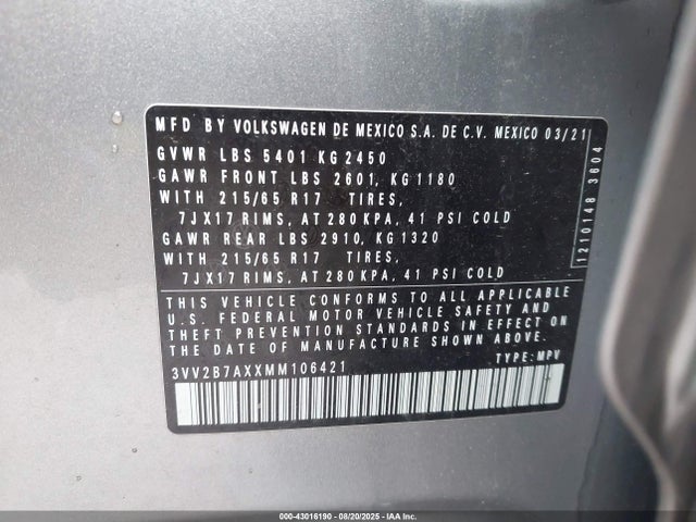3VV2B7AXXMM106421 Volkswagen Tiguan
