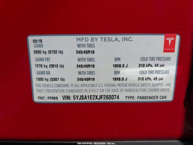 2018 TESLA MODEL S 5YJSA1E2XJF260074 Photo 8