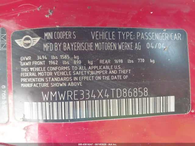 2004 MINI COOPER S WMWRE334X4TD86858 Photo 8