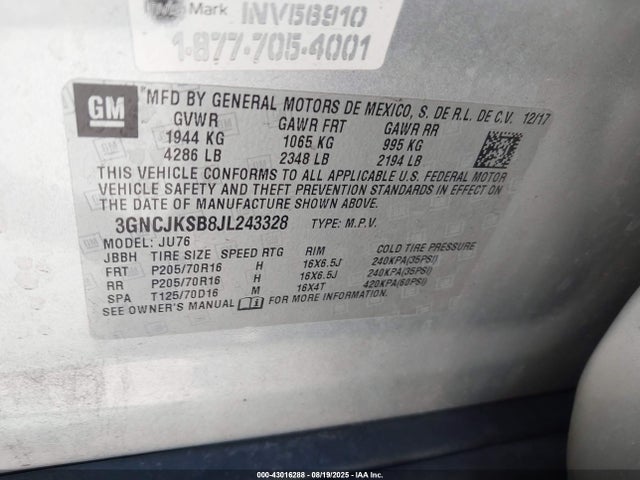3GNCJKSB8JL243328 Chevrolet luv - mfi, variable valve timing, e85 max, alum