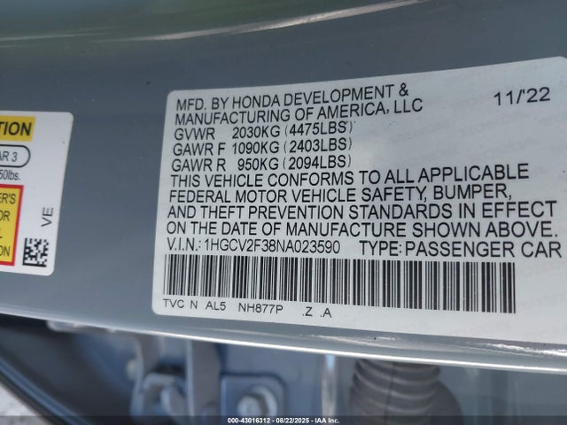 1HGCV2F38NA023590 Honda Accord Sport 2.0t