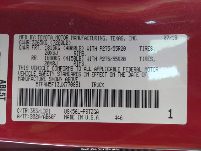 5TFAW5F13JX770881 Toyota 3ur-fbe