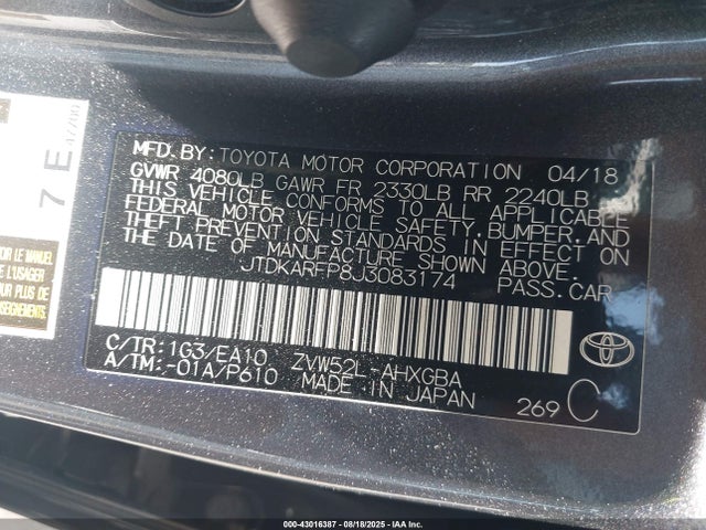 Toyota 2zr-fxe+1nm 2018 JTDKARFP8J3083174 Image 9