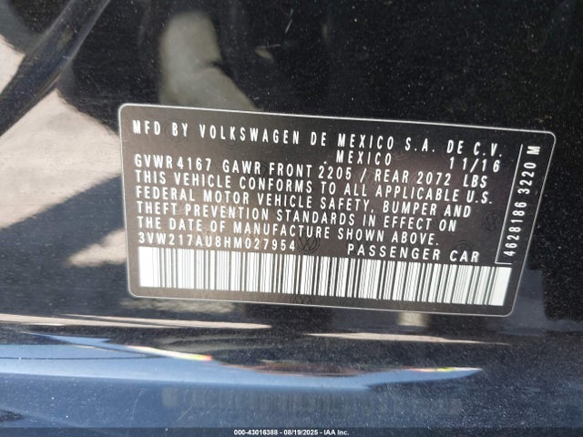 3VW217AU8HM027954 Volkswagen 1.8 tsi