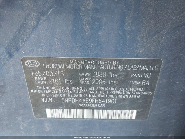 Hyundai dohc mpi nu 2015 5NPDH4AE9FH641901 Image 9