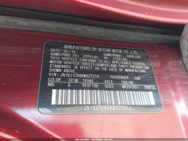 JN1BJ1CR6KW327219 Nissan ROGUE SPORT
