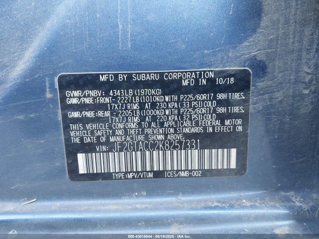 Subaru naturally aspirated 2019 JF2GTACC2K8257331 Image 9