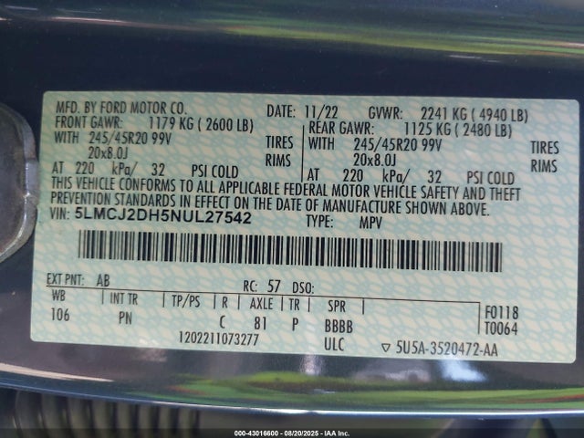 5LMCJ2DH5NUL27542 Lincoln tivct