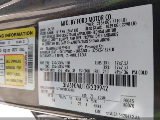 Ford Fusion 2019 3FA6P0MU1KR239942 Image 9