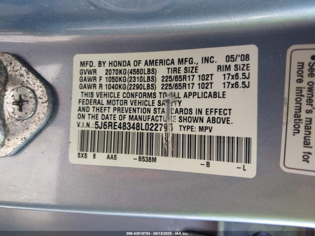 43016704 :رقم المزاد ، 5J6RE48348L022795 vin ، 2008 Honda Cr-v Lx مزاد بيع