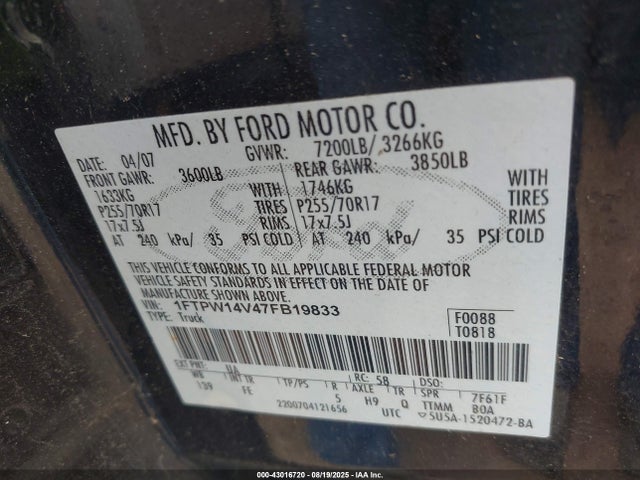 Продажа на аукционе авто 2007 Ford F-150 Fx4/lariat/xlt, vin: 1FTPW14V47FB19833, номер лота: 43016720