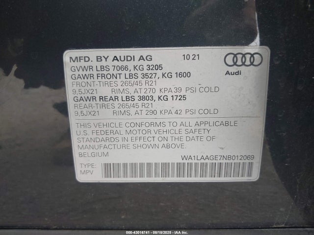 WA1LAAGE7NB012069 Audi E-Tron