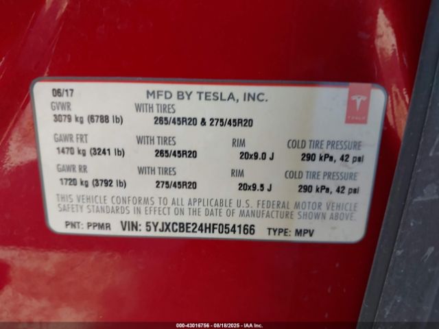 2017 TESLA MODEL X 5YJXCBE24HF054166 Photo 8