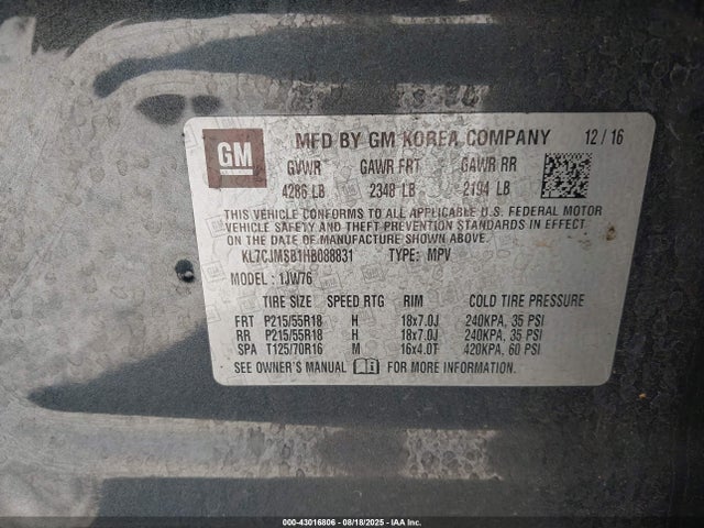 Chevrolet luv - mfi, vvt: variable valve timing, e85 max, alum 2017 KL7CJMSB1HB088831 Image 9