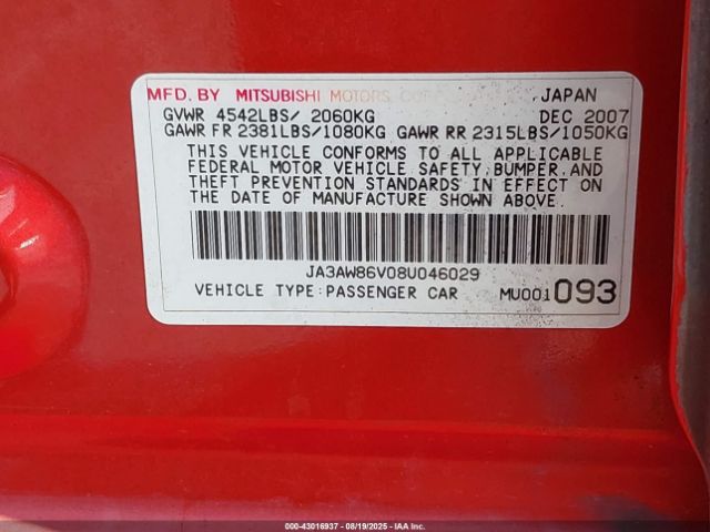 2008 MITSUBISHI LANCER EVOLUTION JA3AW86V08U046029 Photo 8
