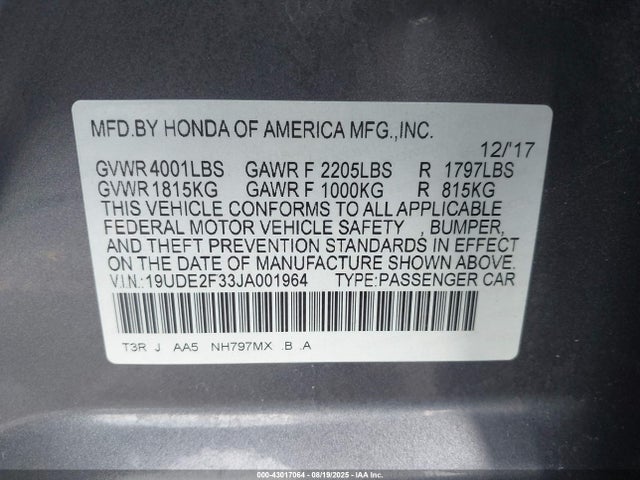 Acura k24v7 2018 19UDE2F33JA001964 Image 9